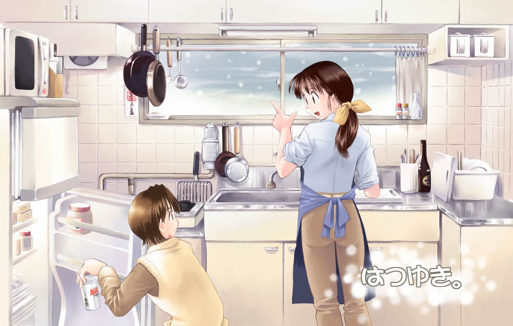 alcohol apron beer bottle brown_eyes brown_hair can frying_pan iuro kitchen ladle long_hair microwave ponytail pot refrigerator short_hair sink sleeves_rolled_up snow snowing translated vest
