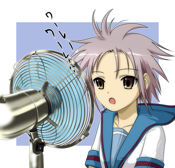 1girl 40010prototype :o brown_eyes electric_fan fanning_face fanning_self nagato_yuki open_mouth school_uniform serafuku short_hair silver_hair solo suzumiya_haruhi_no_yuuutsu talking_into_fan