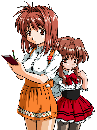 00s 2girls anna_miller bandabekken blush bow breasts bronze_parrot brown_hair child clipboard crossover erect_nipples frown kawai_rie kisaten large_breasts look-alike lovers morino_ichigo multiple_girls onegai_teacher orange_skirt pantyhose pen red_eyes short_hair skirt waitress