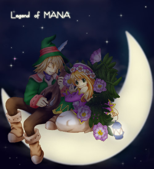1boy 1girl ankle_boots boots brown_boots brown_legwear closed_eyes copyright_name crescent_moon feathers flower flower_wreath gilbert gilbert_(lom) green_hat hair_flower hair_ornament hat instrument leaf legend_of_mana monique monique_(lom) moon music night night_sky pants plant playing_instrument seiken_densetsu sitting sky star_(sky) starry_sky