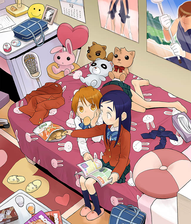 00s 2girls animal_slippers bag barefoot bed blazer blue_bow book bow brown_eyes brown_hair bunny_print calendar_(object) chips clothes clothes_on_bed eating footwear from_above futari_wa_precure glass hair_ornament hairclip head_rest indoors lacrosse long_hair lying magazine minakata_sunao misumi_nagisa mouth_hold multiple_girls on_bed open_book photo_(object) poster_(object) potato_chips precure purple_hair reading room school_bag short_hair sitting slippers socks socks_removed stuffed_animal stuffed_bunny stuffed_toy tissue tissue_box yukishiro_honoka