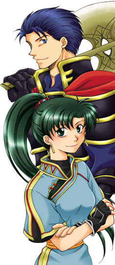 1boy 1girl armor axe blue_eyes blue_hair china_dress chinese_clothes couple crossed_arms dress earrings fingerless_gloves fire_emblem fire_emblem:_rekka_no_ken gloves green_eyes green_hair hector hector_(fire_emblem) high_ponytail jewelry lyndis_(fire_emblem) ponytail short_sleeves simple_background smile weapon