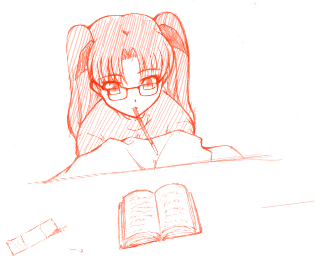 1girl book fate/stay_night fate_(series) glasses monochrome mouth_hold orange_(color) pocky sketch solo tohsaka_rin twintails two_side_up yaoyorozu-kobo