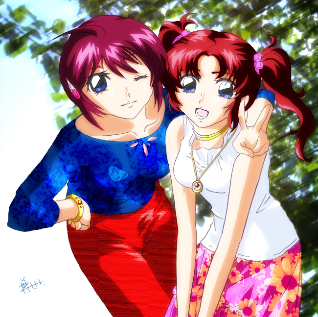 00s 2girls :d ;) blue_eyes blue_shirt collarbone floral_print gundam gundam_seed gundam_seed_destiny hand_gesture hand_on_hip hands_together jewelry leaf looking_at_viewer lunamaria_hawke meyrin_hawke multiple_girls neck_ring necklace one_eye_closed open_mouth pendant piggy_ho_ho pink_skirt red_skirt redhead shirt siblings sisters skirt smile two_side_up v v_arms white_shirt wink