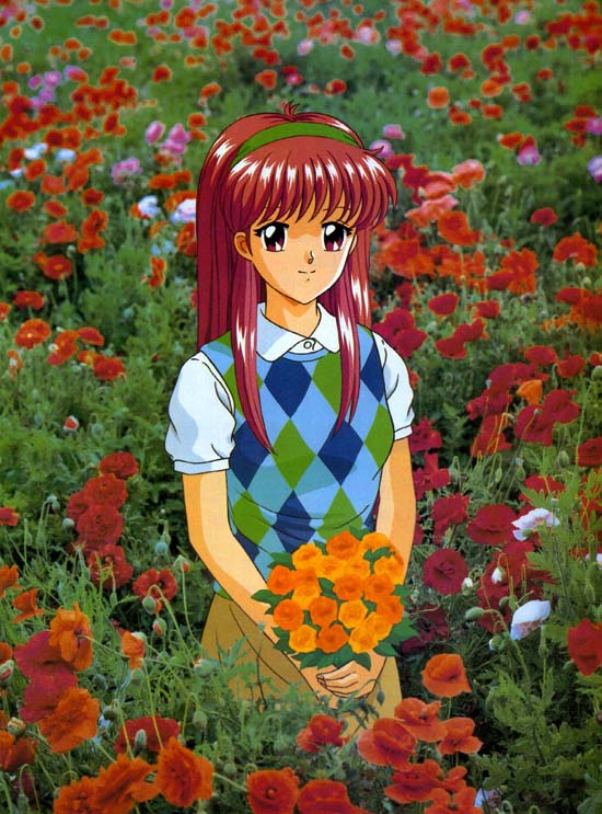 1girl 90s argyle brown_eyes brown_hair field flower flower_field fujisaki_shiori hairband holding kokura_masashi konami looking_at_viewer official_art oldschool photo_background scan shirt short_sleeves smile solo standing sweater_vest tokimeki_memorial tokimeki_memorial_1 white_shirt