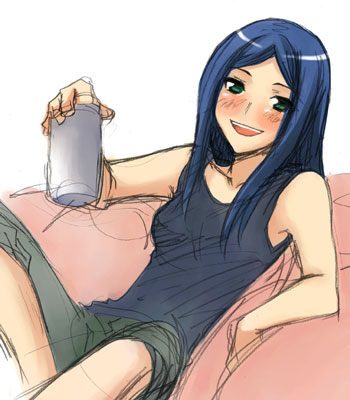 00s 1girl :d alcohol bare_shoulders beer black_hair blush cup drunk green_eyes kuga_natsuki long_hair lowres lying my-hime on_back open_mouth pillow shirt shorts sidelocks simple_background sleeveless sleeveless_shirt smile solo tank_top tomboy white_background