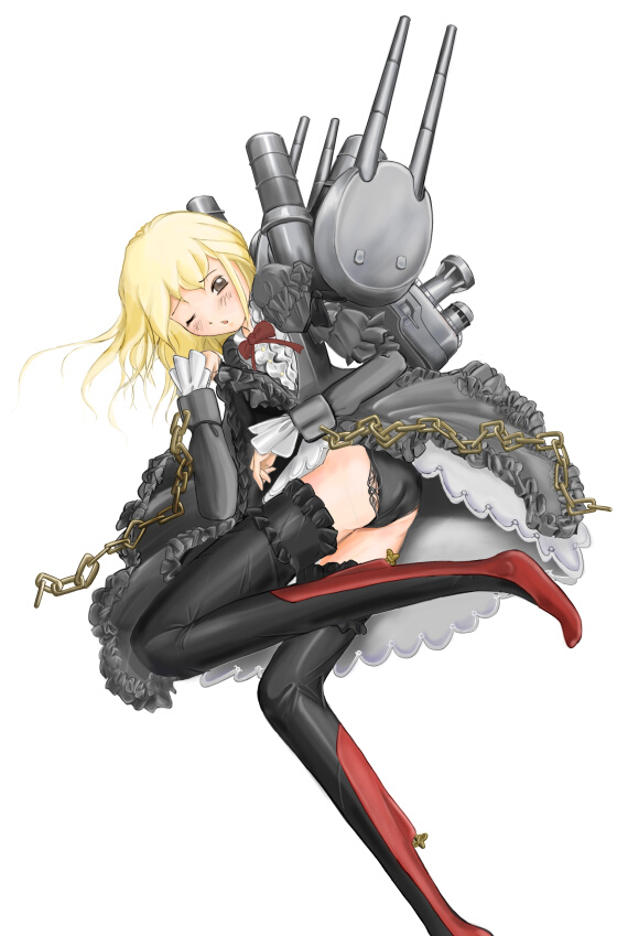 1girl battleship black_panties blonde_hair blush chains dress imperial_german_navy kriegsmarine lace lace-trimmed_panties mecha_musume military military_vehicle multicolored_legwear nano original panties schleswig-holstein ship solo thigh-highs underwear warship watercraft world_war_i world_war_ii