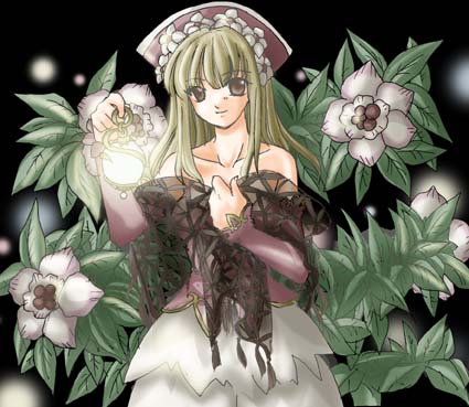 1girl black_background brown_eyes collarbone detached_sleeves dress flower flower_wreath green_hair hair_flower hair_ornament hat holding lantern leaf legend_of_mana light long_hair looking_at_viewer lowres monique monique_(lom) red_hat seiken_densetsu simple_background smile solo strapless strapless_dress very_long_hair