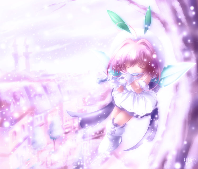 00s ahoge chicchana_yukitsukai_sugar flute hat instrument pink_hair short_hair snow snowing sugar_(chicchana_yukitsukai_sugar) tree wings yukirin