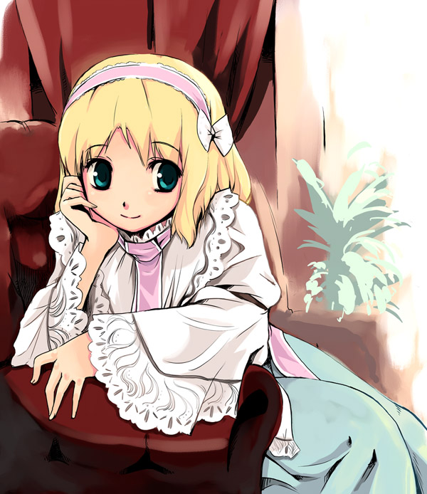 1girl alice_margatroid aqua_eyes blonde_hair bow chin_rest couch female hair_ribbon hairband red_upholstery ribbon sitting smile solo tagme touhou wide_sleeves yuu_(kfc)