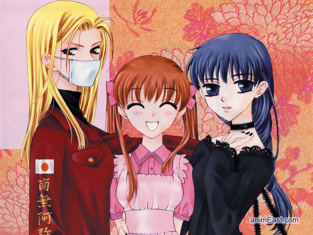 3girls ^_^ ^o^ apron black_eyes black_hair black_nails blonde_hair braid brown_eyes brown_hair choker closed_eyes clothes_writing facing_viewer fruits_basket hanajima_saki honda_tooru long_hair looking_at_viewer mask multiple_girls nail_polish official_art single_braid surgical_mask takaya_natsuki twintails uotani_arisa upper_body watermark web_address