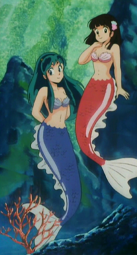 2girls 80s arms_behind_back bangs black_eyes black_hair blunt_bangs coral green_eyes green_hair hair_ornament hand_on_own_shoulder hand_on_shoulder long_hair looking_at_viewer lum mermaid miyake_shinobu monster_girl multiple_girls navel oldschool scales screencap shell shell_bikini short_hair smile underwater urusei_yatsura