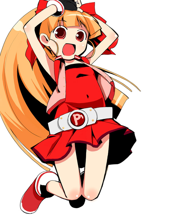 1girl akazutsumi_momoko arms_up belt bow bracelet dress fingerless_gloves gloves hair_bow hyper_blossom jacket jewelry long_hair open_mouth orange_hair outstretched_arms ponytail powerpuff_girls powerpuff_girls_z red_eyes shoes simple_background smile solo white_background yuu_(kfc)