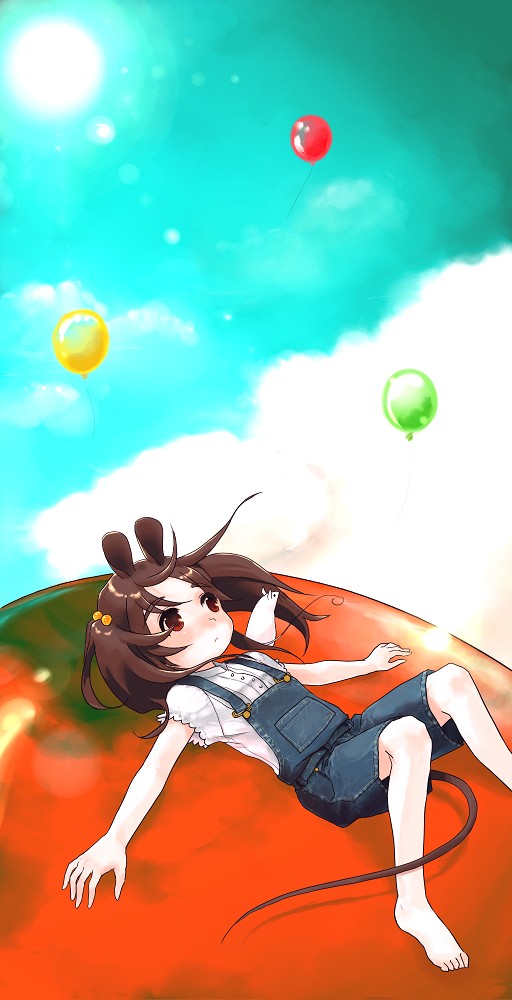 1girl animal_ears balloon barefoot brown_eyes brown_hair lying mouse mouse_ears night_bird nue nue_(night_bird) overalls short_hair sky solo suspenders tail twintails