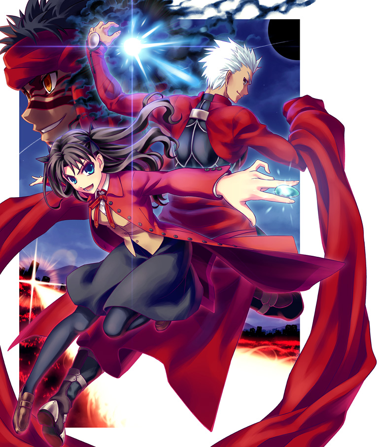 1girl 2boys archer avenger back-to-back between_fingers boots brown_hair cape city coat dark_skin dark_skinned_male fate/hollow_ataraxia fate/stay_night fate_(series) floating_hair foreshortening full_body full_body_tattoo grin hiroyama_hiroshi kalmia light long_hair looking_at_viewer looking_back multiple_boys neck_ribbon outdoors overcoat pantyhose pose ribbon school_uniform shoes short_hair skirt smile tattoo tohsaka_rin twintails two_side_up white_hair