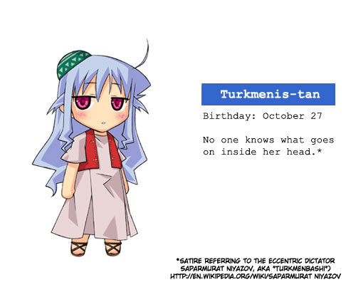 1girl afghanis-tan afuganisu-tan blank_stare blue_hair blush character_profile chibi dress hat looking_at_viewer lowres open_clothes open_vest parody pink_dress red_eyes sandals simple_background solo standing text timaking turkmenis-tan vest white_background