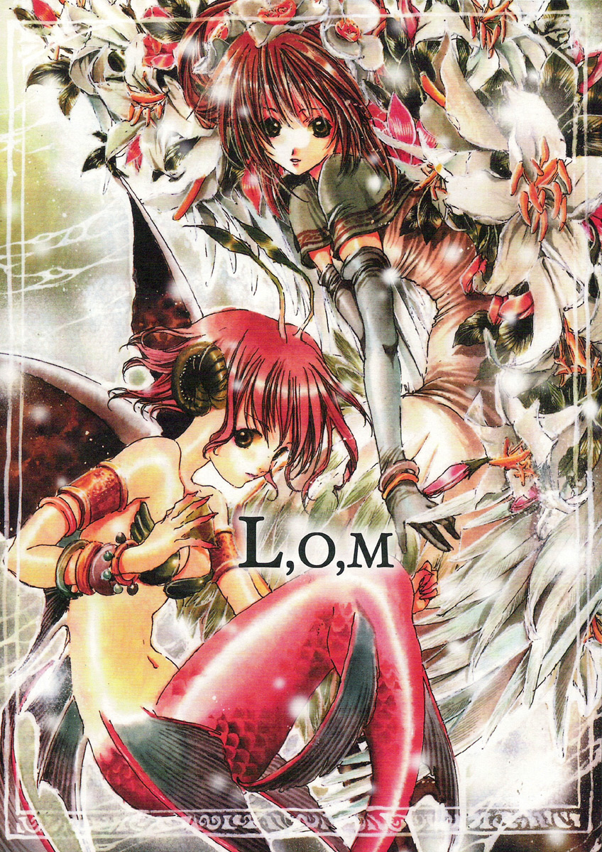 2girls antennae armlet bare_shoulders bracelet breasts brown_eyes capelet cleavage collarbone copyright_name elbow_gloves fins flameshe flower gloves highres jewelry legend_of_mana looking_at_viewer mermaid monique monique_(lom) monster_girl multiple_girls nao_tsukiji navel redhead scales seiken_densetsu shell shell_bikini short_hair short_sleeves smile spiral square_enix stomach white_gloves