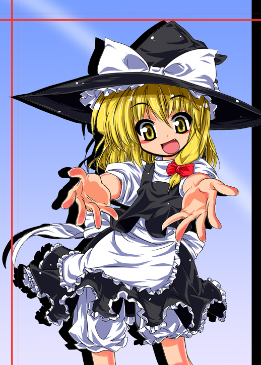 1girl :d apron black_dress blonde_hair blush bow cowboy_shot dress female hat hat_bow kiku_hitomoji kirisame_marisa looking_at_viewer open_mouth outstretched_arms purple_background reaching short_sleeves simple_background smile solo standing touhou waist_apron white_bow witch_hat yellow_eyes