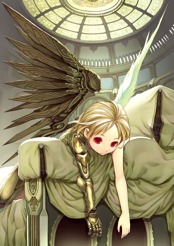 1girl angel_wings asymmetrical_wings blonde_hair couch kimura_daisuke lying mecha_musume mechanical_arm mechanical_wings on_stomach original prosthesis red_eyes solo steampunk wings