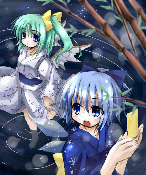 2girls cirno daiyousei female japanese_clothes kimono multiple_girls tanabata tanzaku the_embodiment_of_scarlet_devil touhou yukata yuuki_eishi