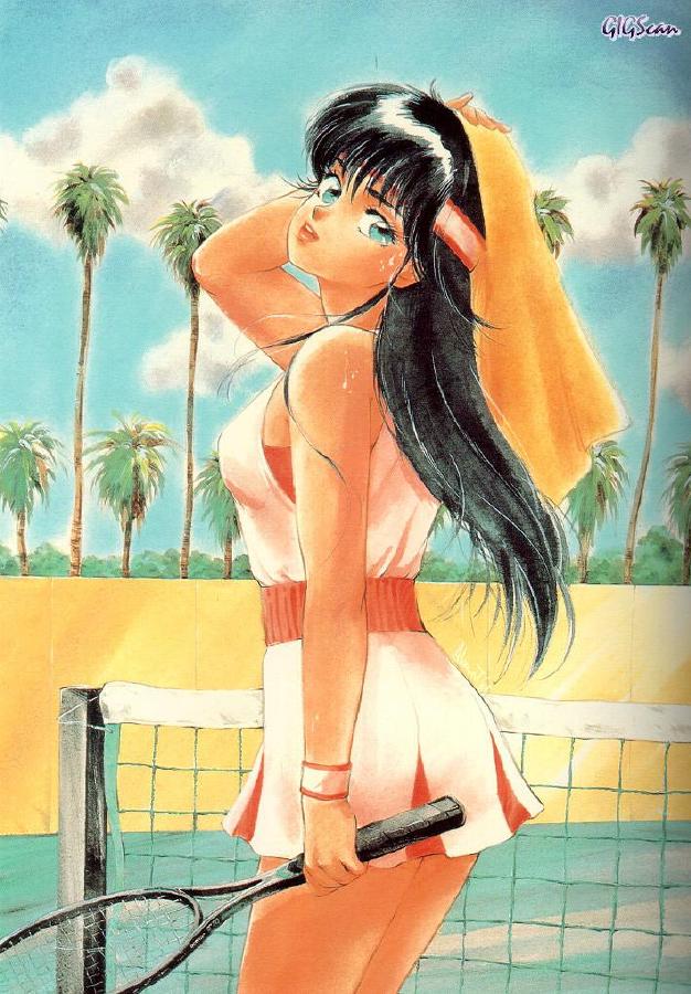 80s ayukawa_madoka black_hair kimagure_orange_road long_hair oldschool racket takada_akemi tennis tennis_dress tennis_net tennis_racket watermark