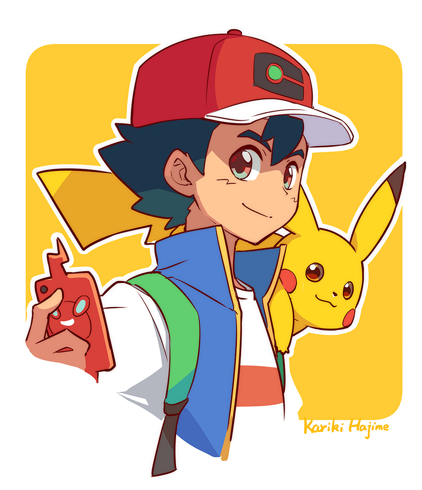 1boy :3 artist_name bangs baseball_cap black_hair blue_vest blush blush_stickers brown_eyes cellphone closed_mouth commentary_request gen_1_pokemon gen_4_pokemon hand_up happy hat holding kariki_hajime light_blush looking_at_viewer male_focus outline phone pikachu pokemon pokemon_(anime) pokemon_(creature) pokemon_swsh_(anime) red_headwear rotom rotom_phone satoshi_(pokemon) shirt short_hair short_sleeves signature simple_background smile upper_body vest white_outline white_shirt yellow_background