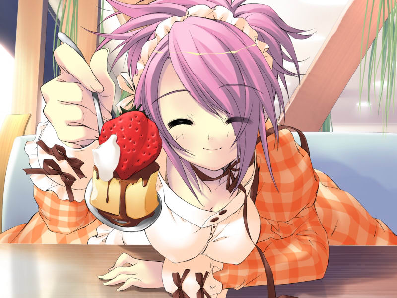 1girl akizuki_nagi blush breasts cake chocolate cleavage closed_eyes feeding food fruit itou_noiji jpeg_artifacts large_breasts maid pastry peace@pieces pink_hair smile solo spoon strawberry waitress