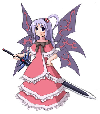 1girl female goddess hair_bobbles hair_ornament lowres multiple_wings mystic_square shinki solo sword touhou weapon wings