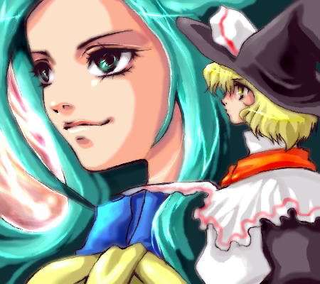 2girls blonde_hair blush close-up face female giantess green_eyes green_hair hat kirisame_marisa lips long_hair lowres mima multiple_girls smile touhou touhou_(pc-98) upper_body witch witch_hat yellow_eyes