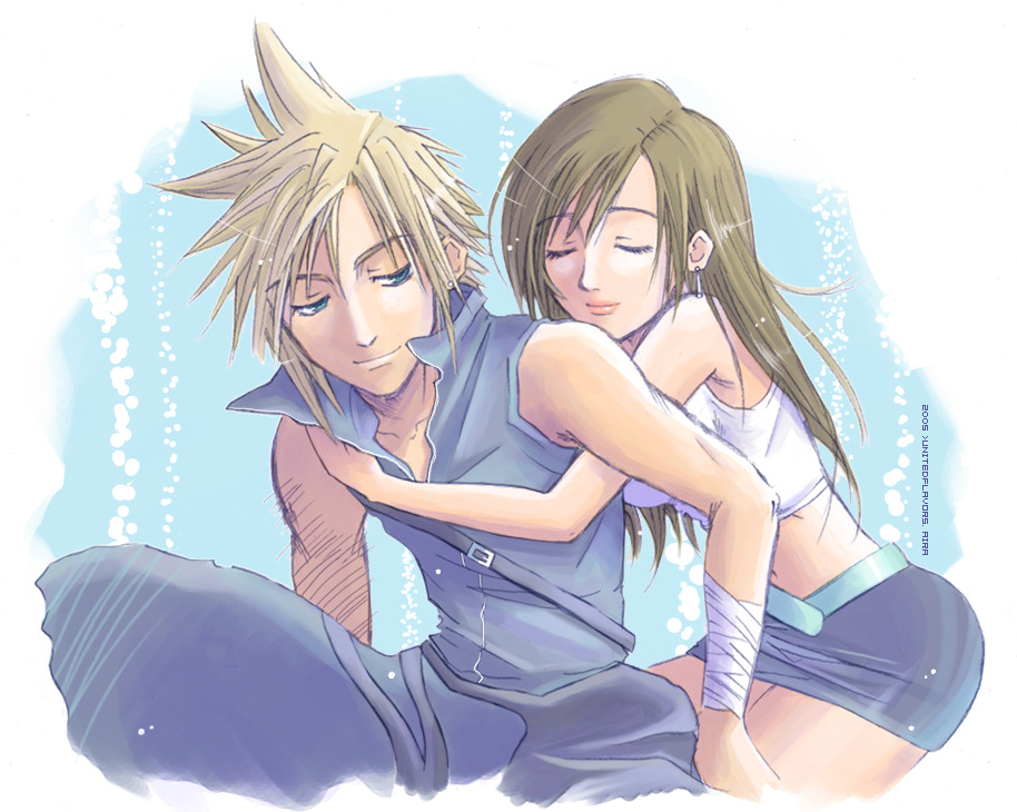 00s 1boy 1girl 2008 bad_anatomy bad_proportions blonde_hair brown_hair closed_eyes cloud_strife collarbone couple earrings final_fantasy final_fantasy_vii green_eyes hetero hug hug_from_behind jewelry lipstick long_hair looking_back makeup midriff miniskirt pencil_skirt poorly_drawn short_hair sitting skirt smile spiky_hair tank_top tifa_lockhart