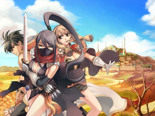 1boy 2girls arm_guards armor assassin_cross bare_tree blue_sky breasts cape champion cleavage clouds covered_mouth cowboy_shot creator desert epaulettes face_mask flower gloves holding holding_sword holding_weapon hood mask mouth_hold multiple_girls pillar plant ponytail ragnarok_online scarf sky sword town tree weapon white_gloves