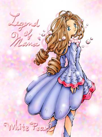 1girl blue_dress blue_eyes brown_hair character_name copyright_name crystal dress drill_hair hair_rings head_tilt lady_pearl legend_of_mana long_hair long_sleeves looking_at_viewer lowres pearl seiken_densetsu smile solo standing twin_drills