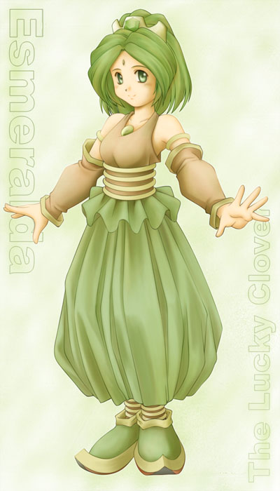 1girl armlet bare_shoulders belt blush brown_shirt collarbone detached_sleeves esmeralda_(lom) full_body green_eyes green_hair green_pants legend_of_mana looking_at_viewer outstretched_arms pants ponytail puffy_pants seiken_densetsu shirt sleeveless sleeveless_shirt smile solo standing tank_top