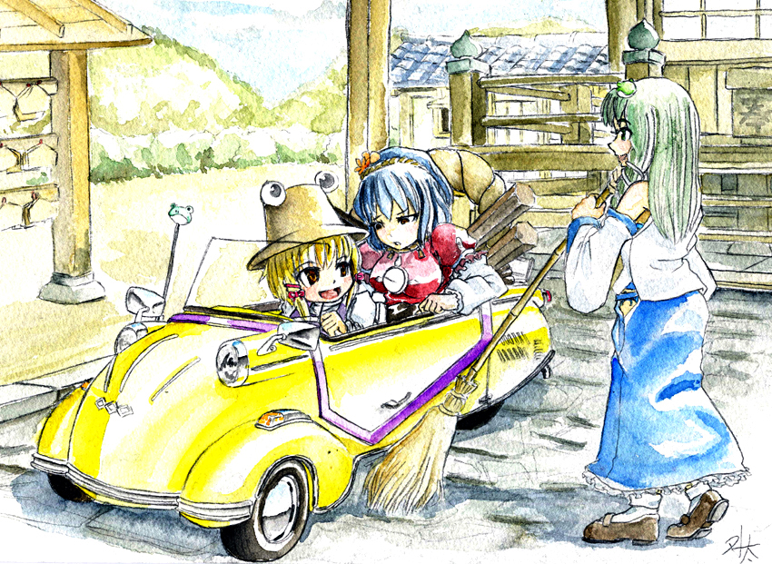 blue_hair broom car detached_sleeves eyes frog green_eyes green_hair hair_ornament hat kochiya_sanae left-hand_drive long_hair master_(4th) messerschmitt moriya_suwako motor_vehicle onbashira shimenawa short_hair touhou traditional_media vehicle watercolor_(medium) yasaka_kanako yellow_eyes