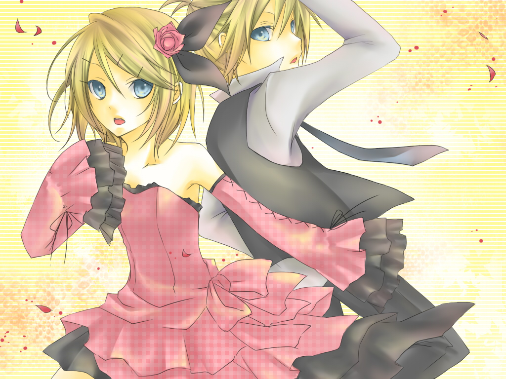 blonde_hair blue_eyes brother_and_sister detached_sleeves flower kagamine_len kagamine_rin short_hair siblings twins vocaloid