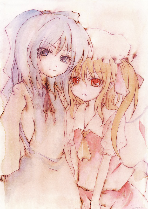 2girls :o blonde_hair blue_eyes blue_hair bow cirno fang flandre_scarlet hair_bow hat light_smile mixed_media multiple_girls muted_color nib_pen_(medium) no_nose open_mouth pointy_ears red_eyes short_hair side_ponytail smile standing sugai touhou traditional_media tsurime wings