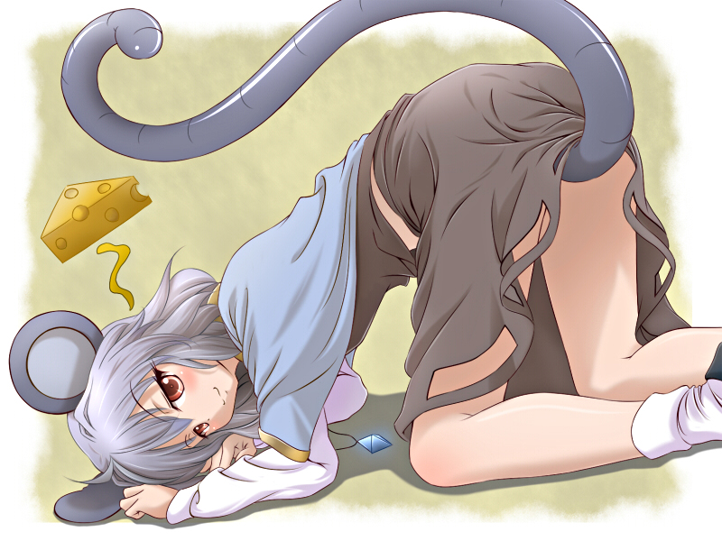 1girl ahoge ass ayase_midori blush cheese eyebrows_visible_through_hair female food hair_between_eyes long_tail midriff mouse_ears mouse_tail mousegirl nazrin nezumimimi red_eyes short_hair silver_hair skirt skirt_lift solo source_request tail top-down_bottom-up touhou