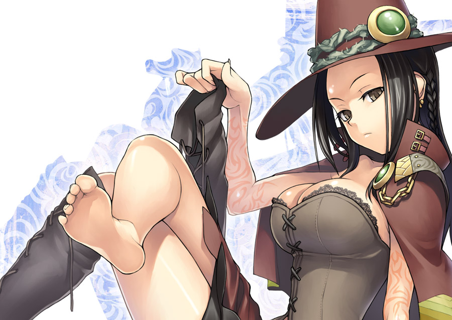 black_hair boots braid braids breasts cape cleavage corset crossed_legs doctor_magus feet hat knee_boots large_breasts legs long_hair sekaiju_no_meikyuu sitting skirt soles tanaka_shoutarou tattoo thighhighs thighs toes witch witch_hat