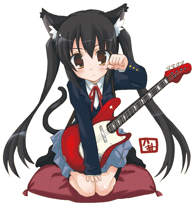 bass_guitar blush cat_ears cushion guitar hizuki_yayoi instrument k-on! kneeling nakano_azusa nekomimi paw_pose pillow school_uniform solo transparent_background twintails