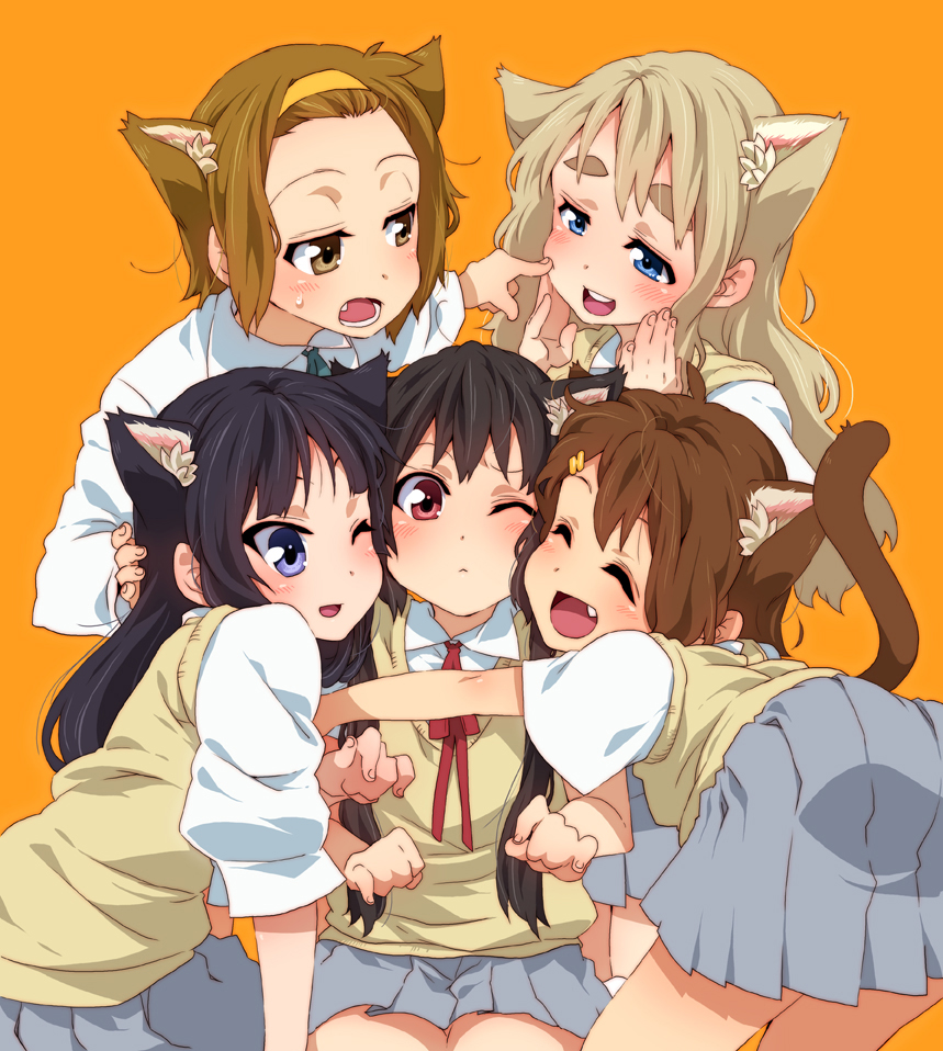 5girls akiyama_mio animal_ears black_hair blonde_hair blue_eyes blush brown_eyes brown_hair cat_ears cat_tail cheek_to_cheek closed_eyes eyebrows fang hairband happy hirasawa_yui hug k-on! kotobuki_tsumugi long_hair multiple_girls nakano_azusa nekomimi red_eyes school_uniform short_hair tail tainaka_ritsu takanashi_ringo wink