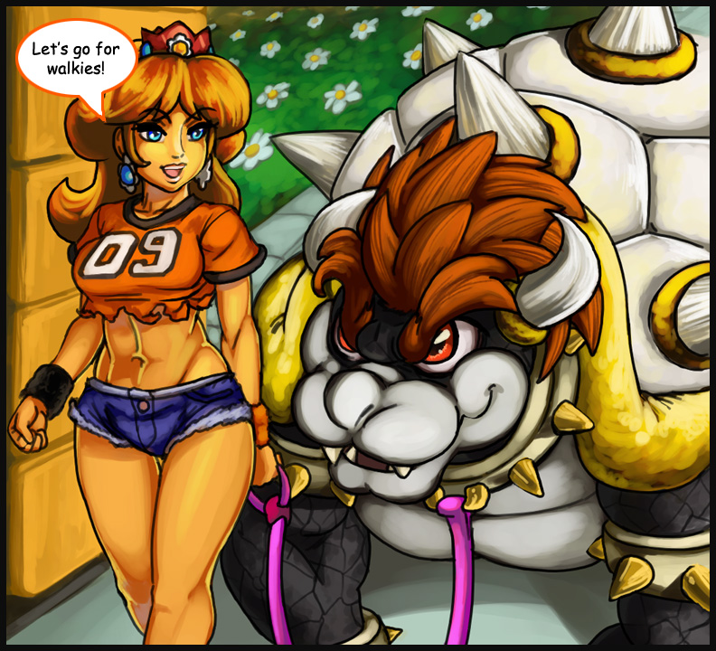 alternate_color bowser collar dark_skin leash long_hair midriff muscle nintendo princess_daisy shorts