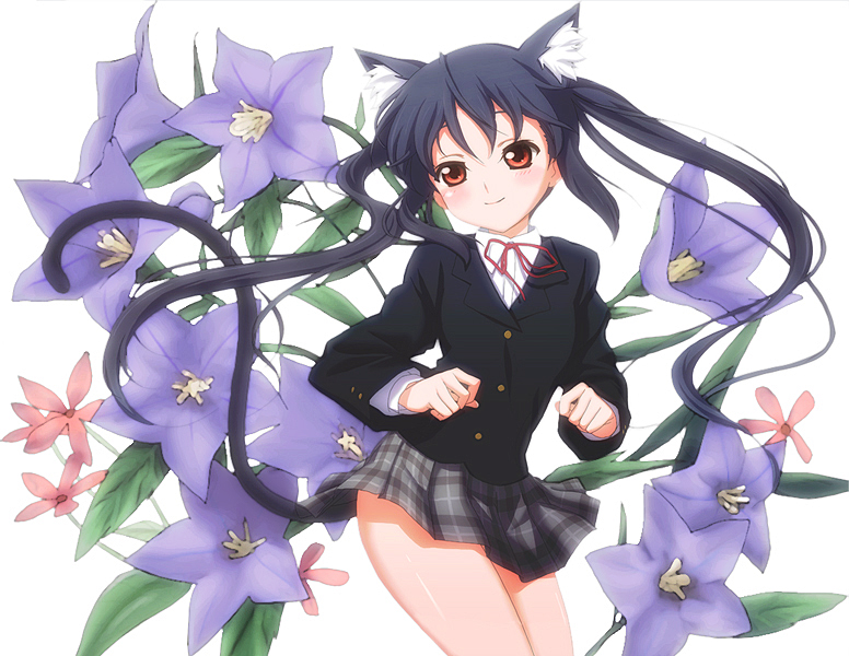 black_hair blazer bloom brown_eyes cat_ears cat_tail floral_background flower hands k-on! kimitoshiin long_hair nakano_azusa nekomimi plaid plaid_skirt school_uniform skirt smile solo tail twintails