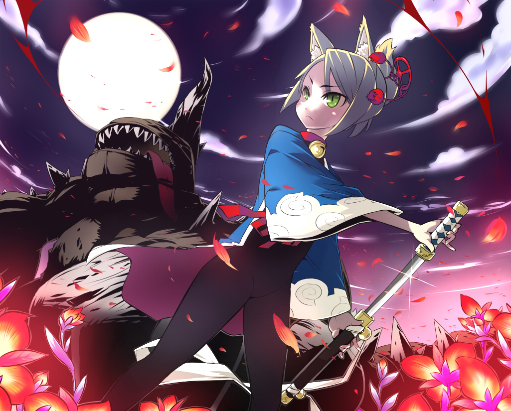 animal_ears blue_vert blush flower foxgirl katana kitsunemimi monster moon night ninja samurai_(7th_dragon) sheath short_hair spandex sword unsheathing weapon