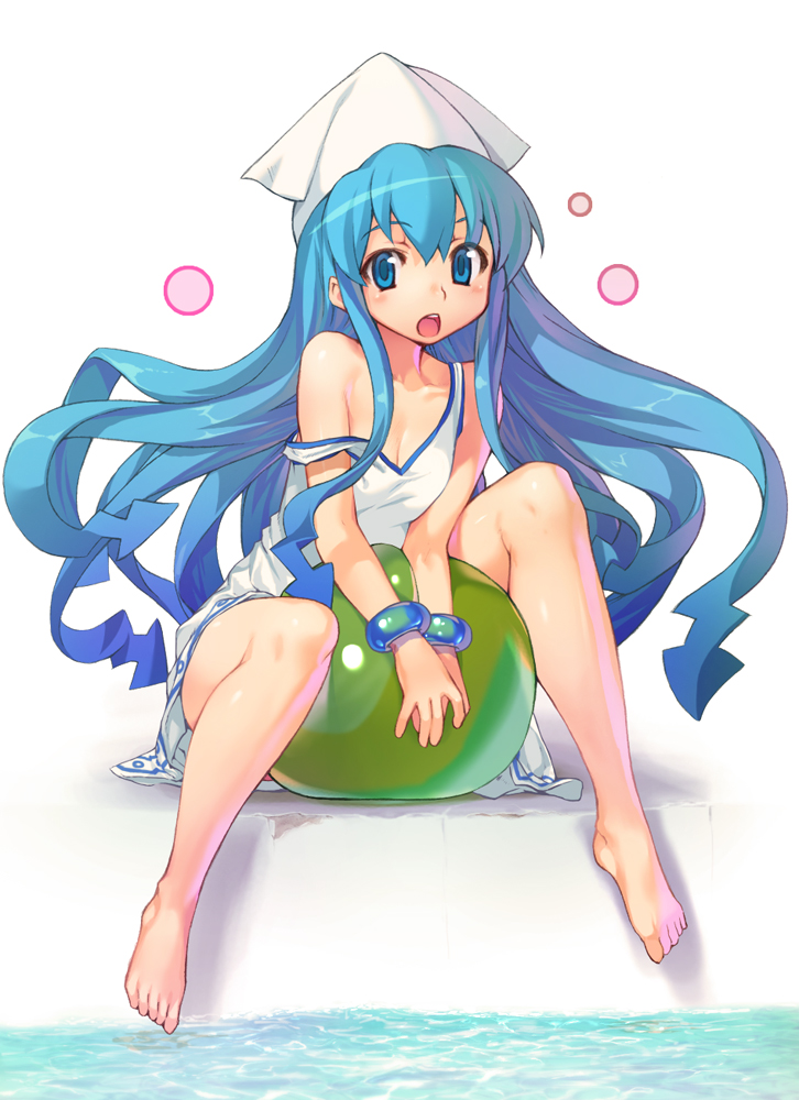 :o bangle bare_legs bare_shoulders barefoot beachball between_thighs blue_eyes blue_hair blush bracelet breast_press breast_squeeze breasts cleavage dress feet hat ikamusume jewelry long_hair looking_at_viewer off_shoulder open_mouth pool poolside shinryaku!_ikamusume shunin sitting skirt solo squid squidgirl strap_slip sundress tentacle_hair transparent v_arms water