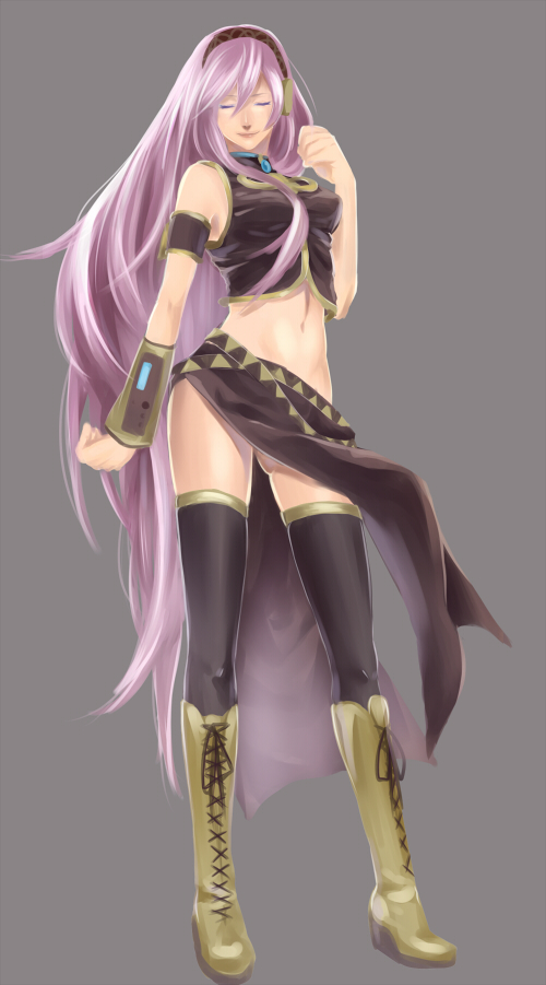 bad_id blush boots closed_eyes fujiwara long_hair megurine_luka midriff navel pink_hair side_slit simple_background solo thigh_highs thighhighs very_long_hair vocaloid wind_lift zettai_ryouiki