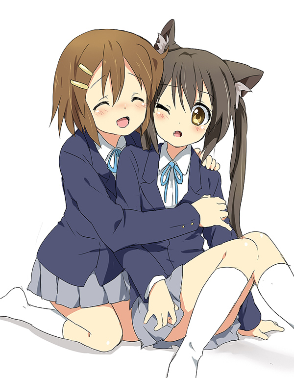 animal_ears bad_id blush brown_hair cat_ears closed_eyes fang hair_ornament hairclip hirasawa_yui hug k-on! kneehighs multiple_girls nakano_azusa nekomimi open_mouth punchiki school_uniform sitting socks twintails white_legwear wink