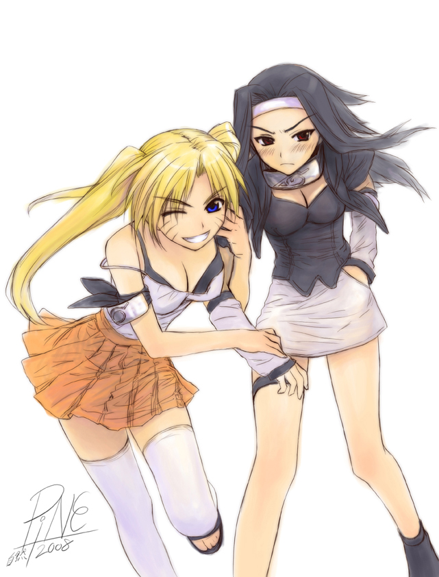 blonde_hair breasts cleavage genderswap jayun multiple_girls naruko naruto orange_dress thighhighs twintails uchiha_sasuke uzumaki_naruto wink zettai_ryouiki