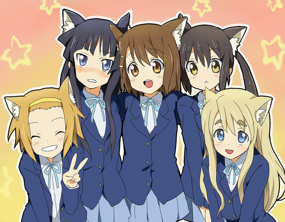 :&lt; akiyama_mio animal_ears bad_id bangs blunt_bangs blush cat_ears closed_eyes eyebrows hair_ornament hairclip hime_cut hirasawa_yui k-on! kemonomimi_mode kotobuki_tsumugi multiple_girls nakano_azusa nekomimi punchiki school_uniform tainaka_ritsu twintails v