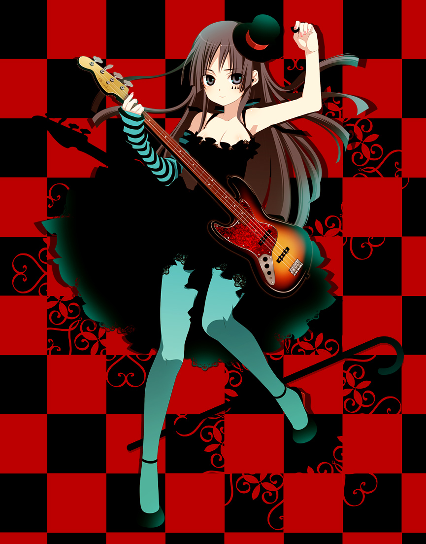 akiyama_mio asymmetrical_clothes bangs bare_shoulders bass bass_guitar black_hair blue_legwear blunt_bangs blush breasts cane checkered cleavage detached_sleeves don't_say_"lazy" dress facepaint gothic grey_eyes hat hime_cut instrument k-on! long_hair mini_top_hat pantyhose plectrum single_glove skirt solo striped top_hat turquoise_pantyhose