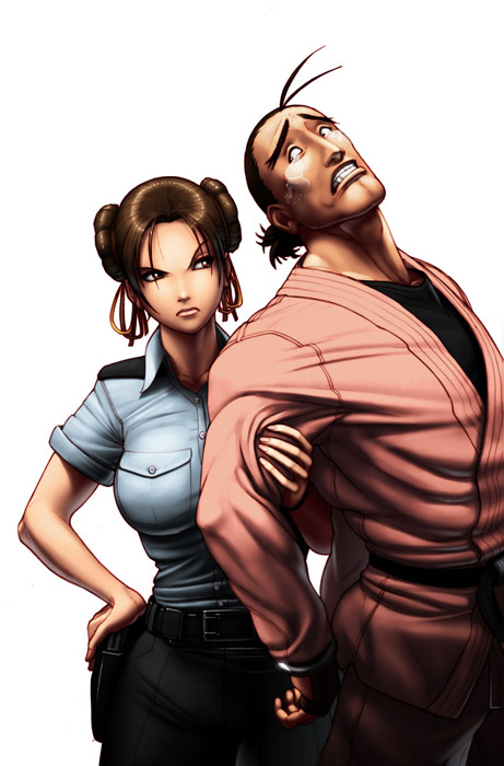 brown_hair capcom chun-li cuffs handcuffs hibiki_dan large_breasts omar_dogan police street_fighter tears udon udon_entertainment uniform